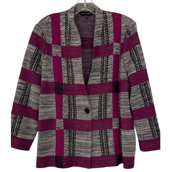 Ming Wang Women's Stretch Acrylic Polyester Sweater Cardigan Plaid Sz XL - Picture 1 of 7